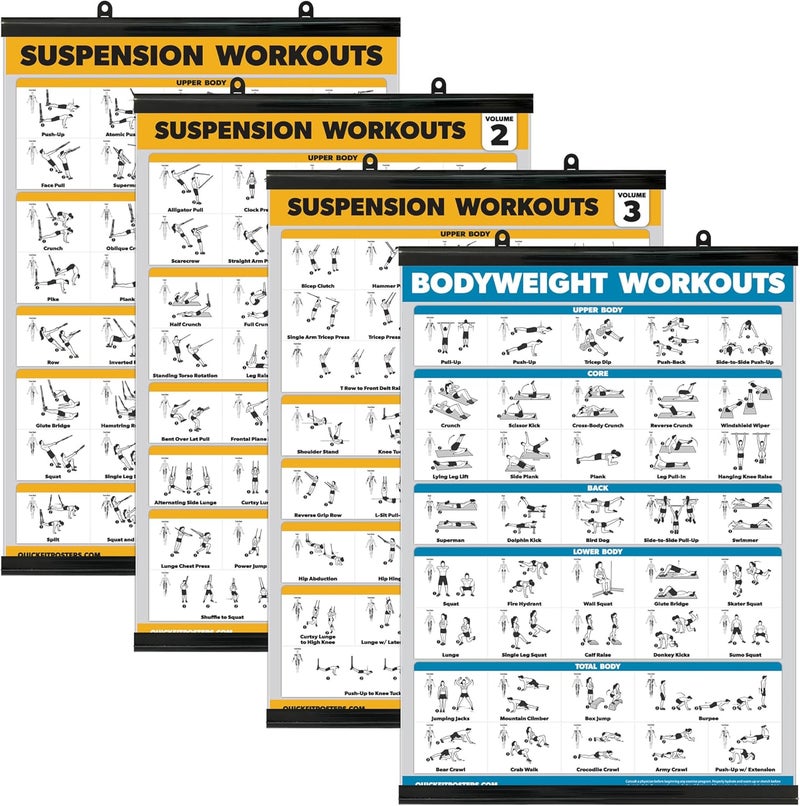 Palace Learning 4 Pack - Suspension Workout Posters Volume 1, 2 & 3 + Bodyweight Exercise Chart - Set of 4 Posters (LAMINATED WITH PLASTIC FRAME, 18" x 24") - Image 1